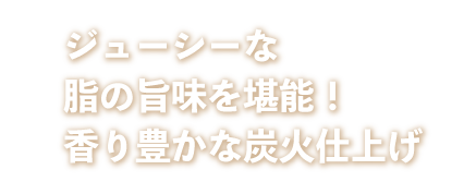 ジューシーな脂の旨味を堪能！香り豊かな炭火仕上げ”_横書き